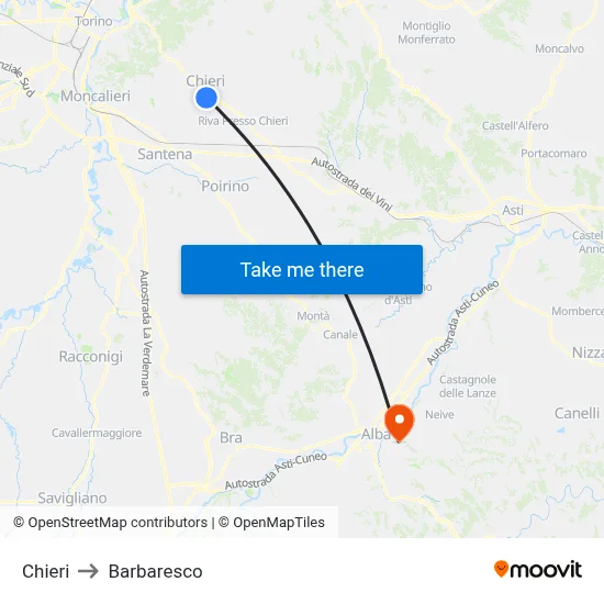 Chieri to Barbaresco map