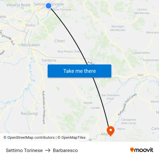 Settimo Torinese to Barbaresco map