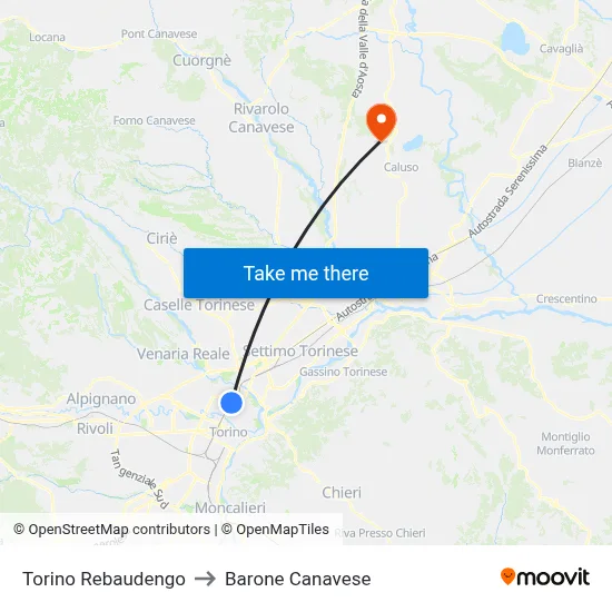 Turin Rebaudengo to Barone Canavese map