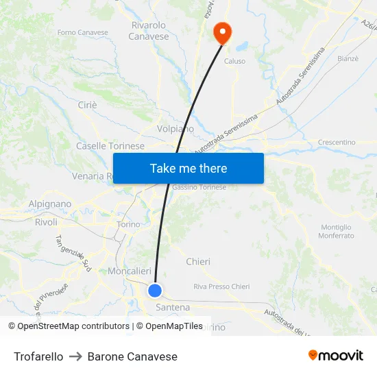 Trofarello to Barone Canavese map