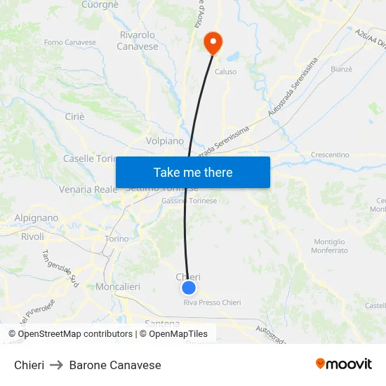 Chieri to Barone Canavese map