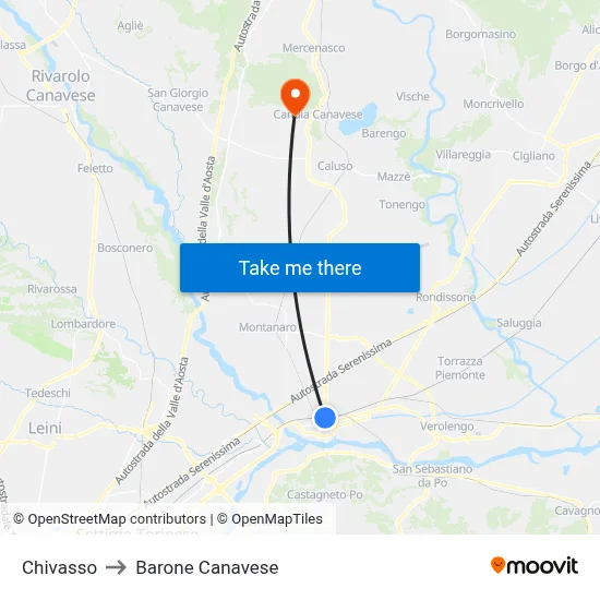 Chivasso to Barone Canavese map
