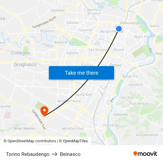 Turin Rebaudengo to Beinasco map