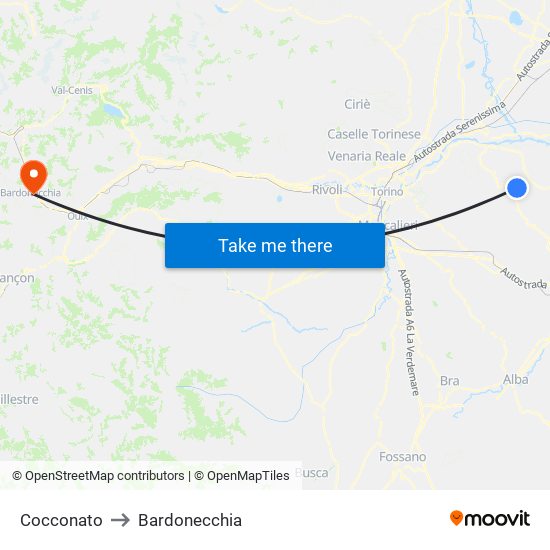 Cocconato to Bardonecchia map