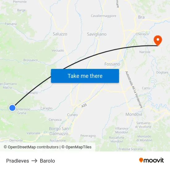 Pradleves to Barolo map