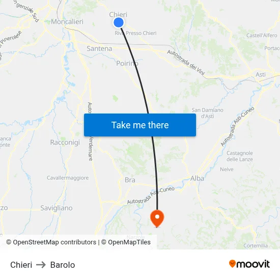 Chieri to Barolo map