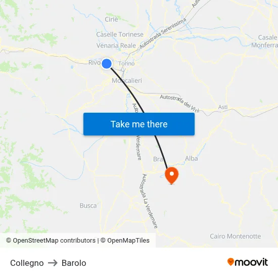 Collegno to Barolo map