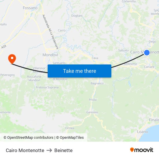Cairo Montenotte to Beinette map