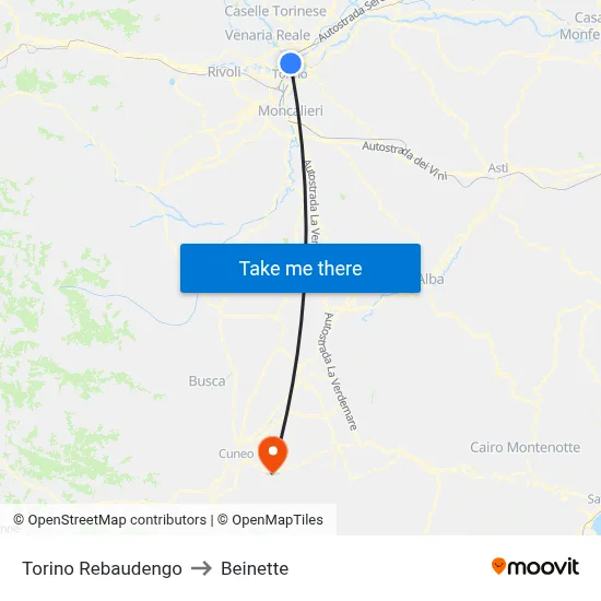 Turin Rebaudengo to Beinette map