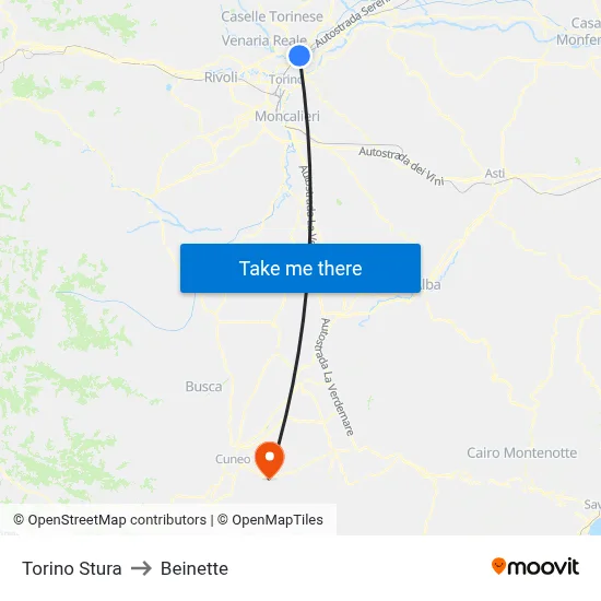 Turin Stura to Beinette map