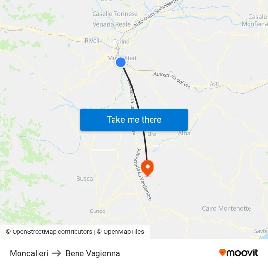 Moncalieri to Bene Vagienna map
