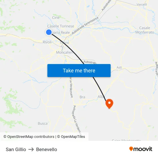 San Gillio to Benevello map