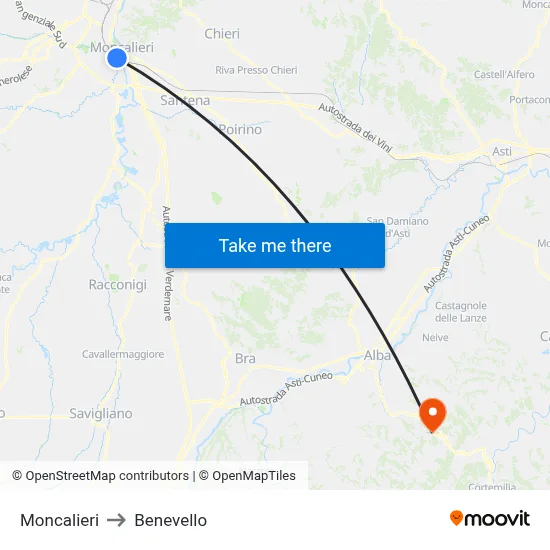 Moncalieri to Benevello map