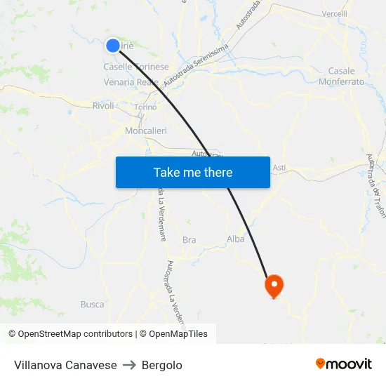 Villanova Canavese to Bergolo map