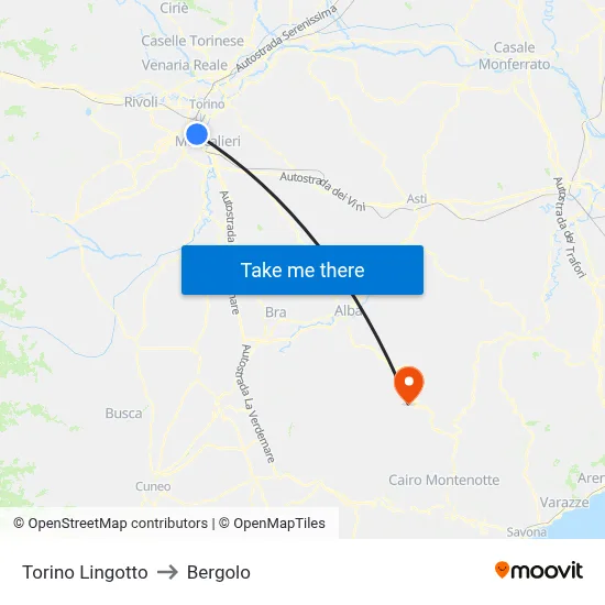 Turin Lingotto to Bergolo map
