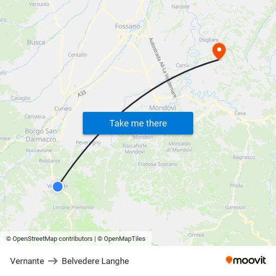 Vernante to Belvedere Langhe map