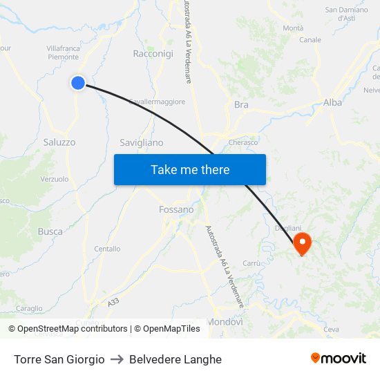 Torre San Giorgio to Belvedere Langhe map