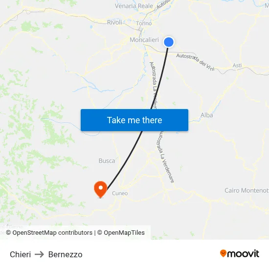 Chieri to Bernezzo map