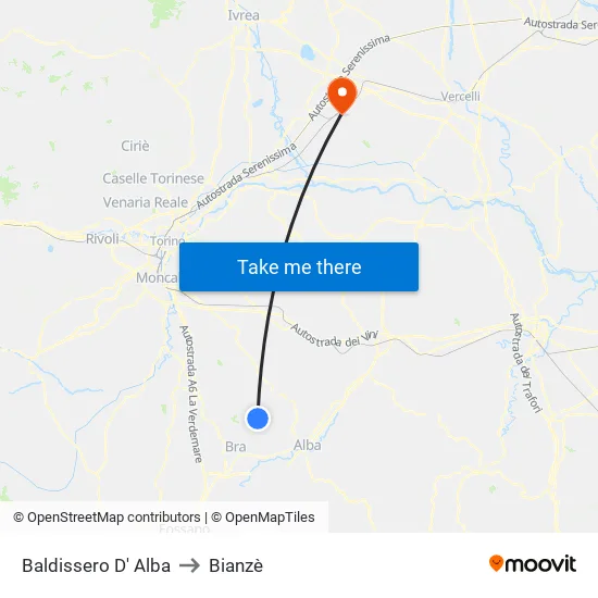 Baldissero D' Alba to Bianzè map