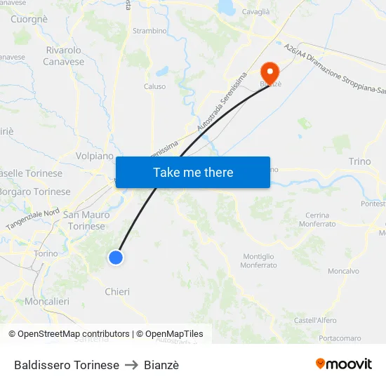 Baldissero Torinese to Bianzè map
