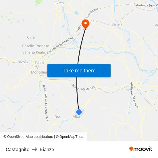 Castagnito to Bianzè map