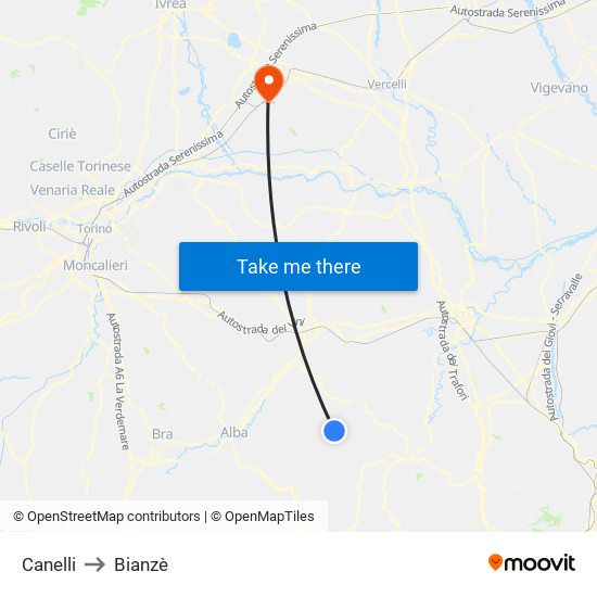 Canelli to Bianzè map