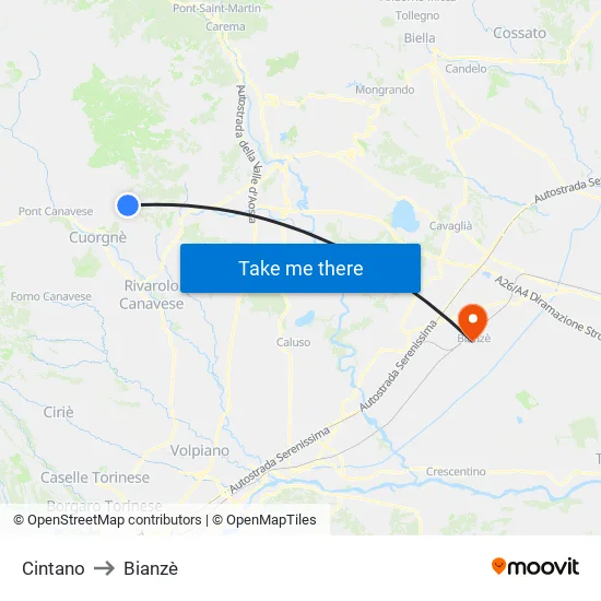 Cintano to Bianzè map