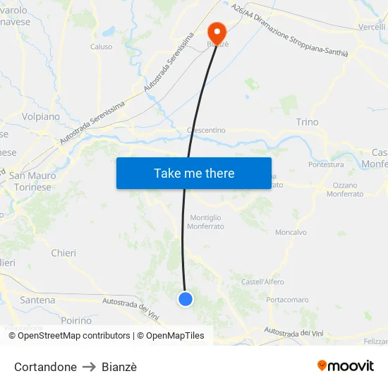Cortandone to Bianzè map
