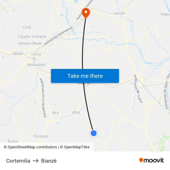 Cortemilia to Bianzè map