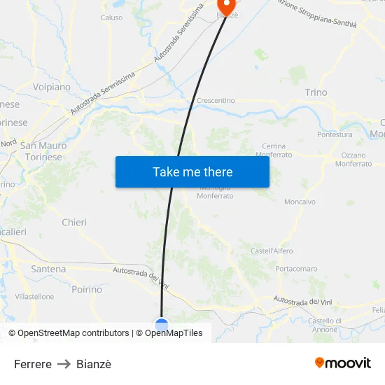 Ferrere to Bianzè map