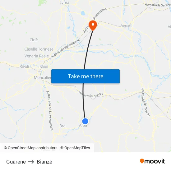 Guarene to Bianzè map