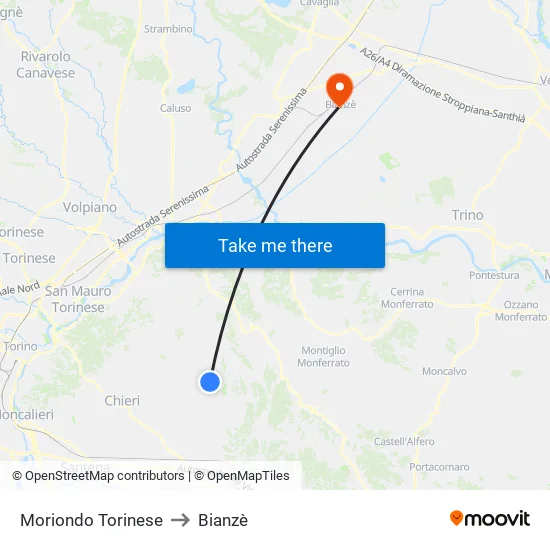 Moriondo Torinese to Bianzè map