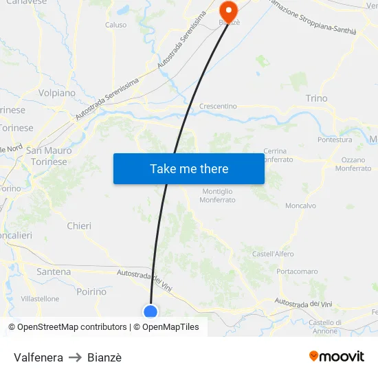 Valfenera to Bianzè map