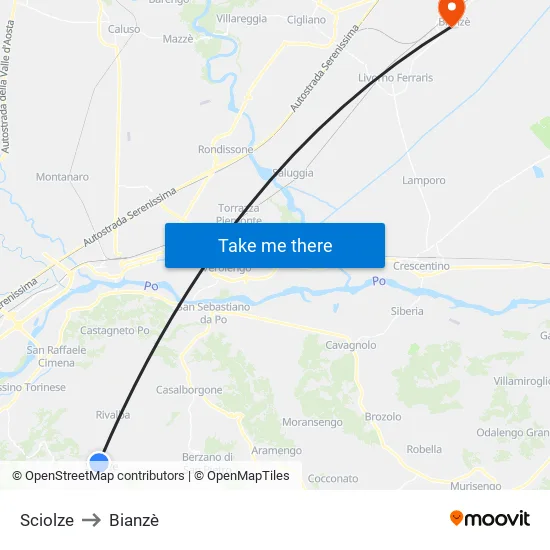 Sciolze to Bianzè map