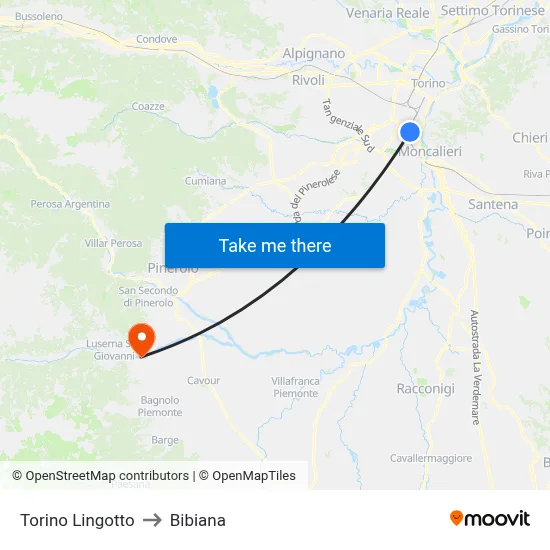 Turin Lingotto to Bibiana map