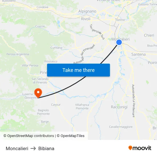 Moncalieri to Bibiana map