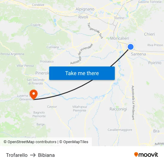 Trofarello to Bibiana map