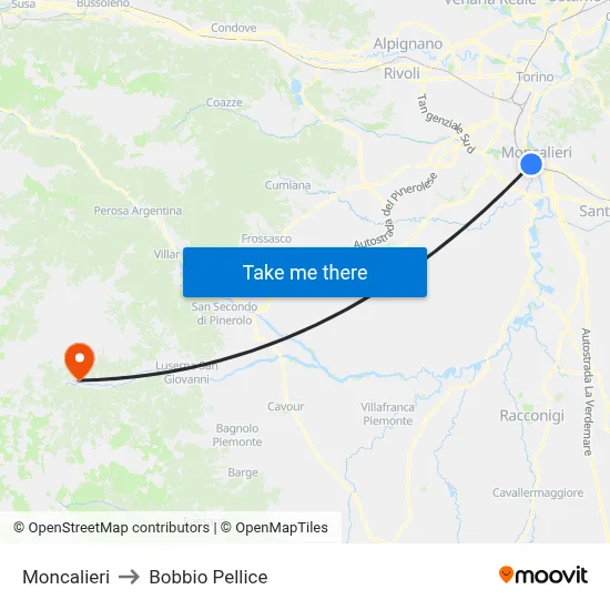 Moncalieri to Bobbio Pellice map