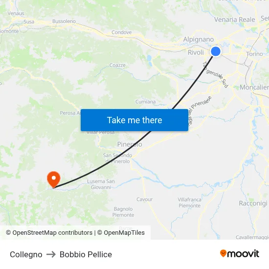 Collegno to Bobbio Pellice map