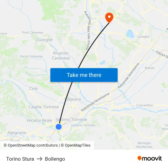 Turin Stura to Bollengo map