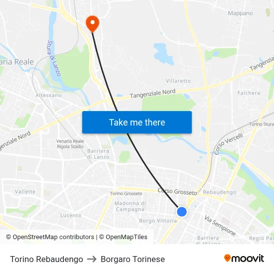 Turin Rebaudengo to Borgaro Torinese map