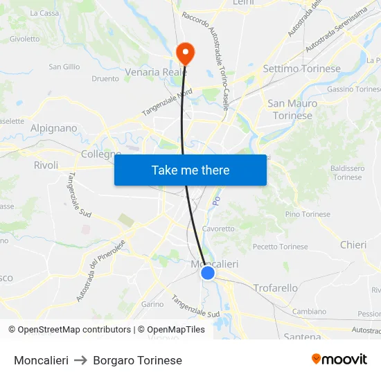 Moncalieri to Borgaro Torinese map