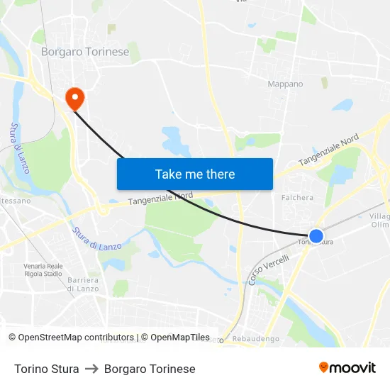 Turin Stura to Borgaro Torinese map
