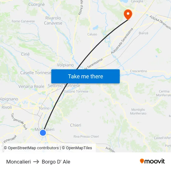 Moncalieri to Borgo D' Ale map