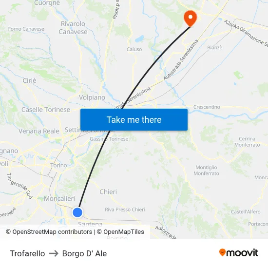 Trofarello to Borgo D' Ale map