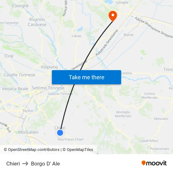 Chieri to Borgo D' Ale map