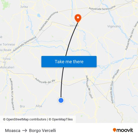 Moasca to Borgo Vercelli map