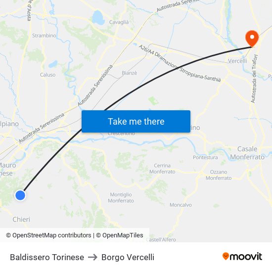 Baldissero Torinese to Borgo Vercelli map