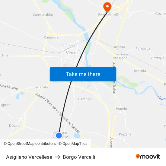 Asigliano Vercellese to Borgo Vercelli map