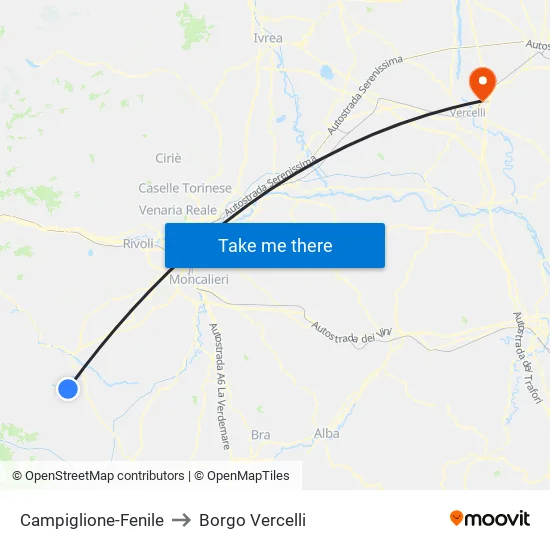 Campiglione-Fenile to Borgo Vercelli map